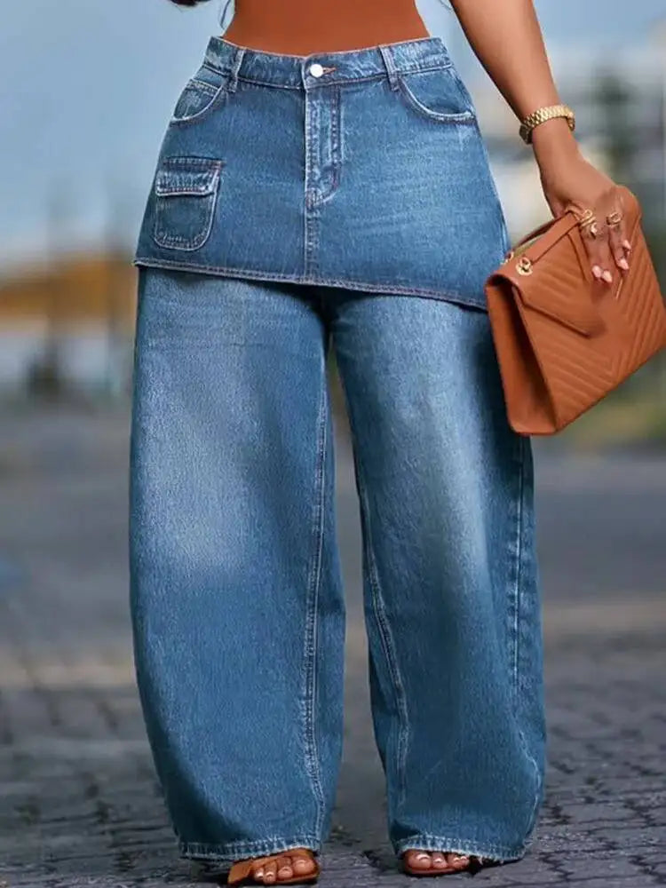 Women's Loose Fitting Fake Two Piece Wide Leg Denim Jeans Pants