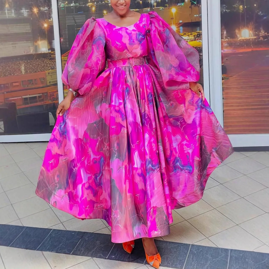 Women's Floral Print Chiffon Puff Sleeve Maxi Dress
