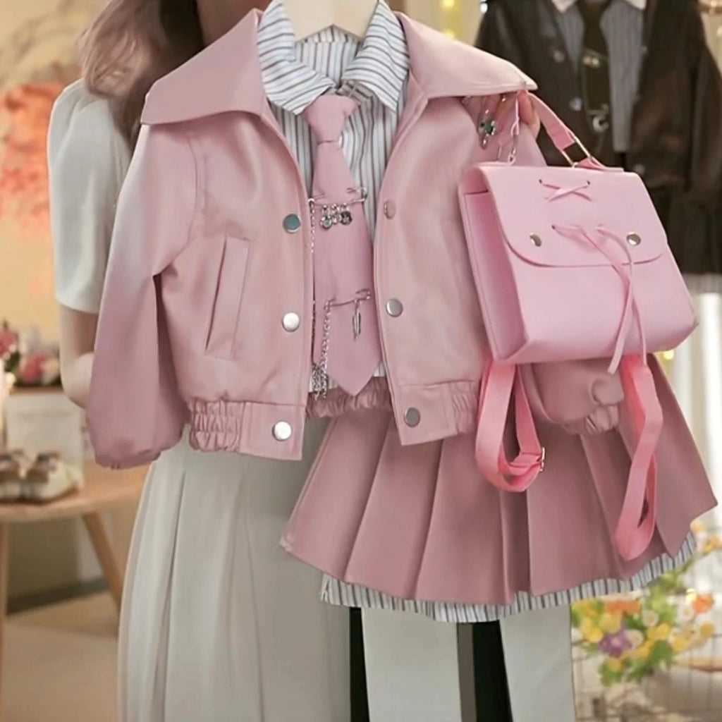 Girls' Leather Jacket Pleated Skirt Two-Piece Set