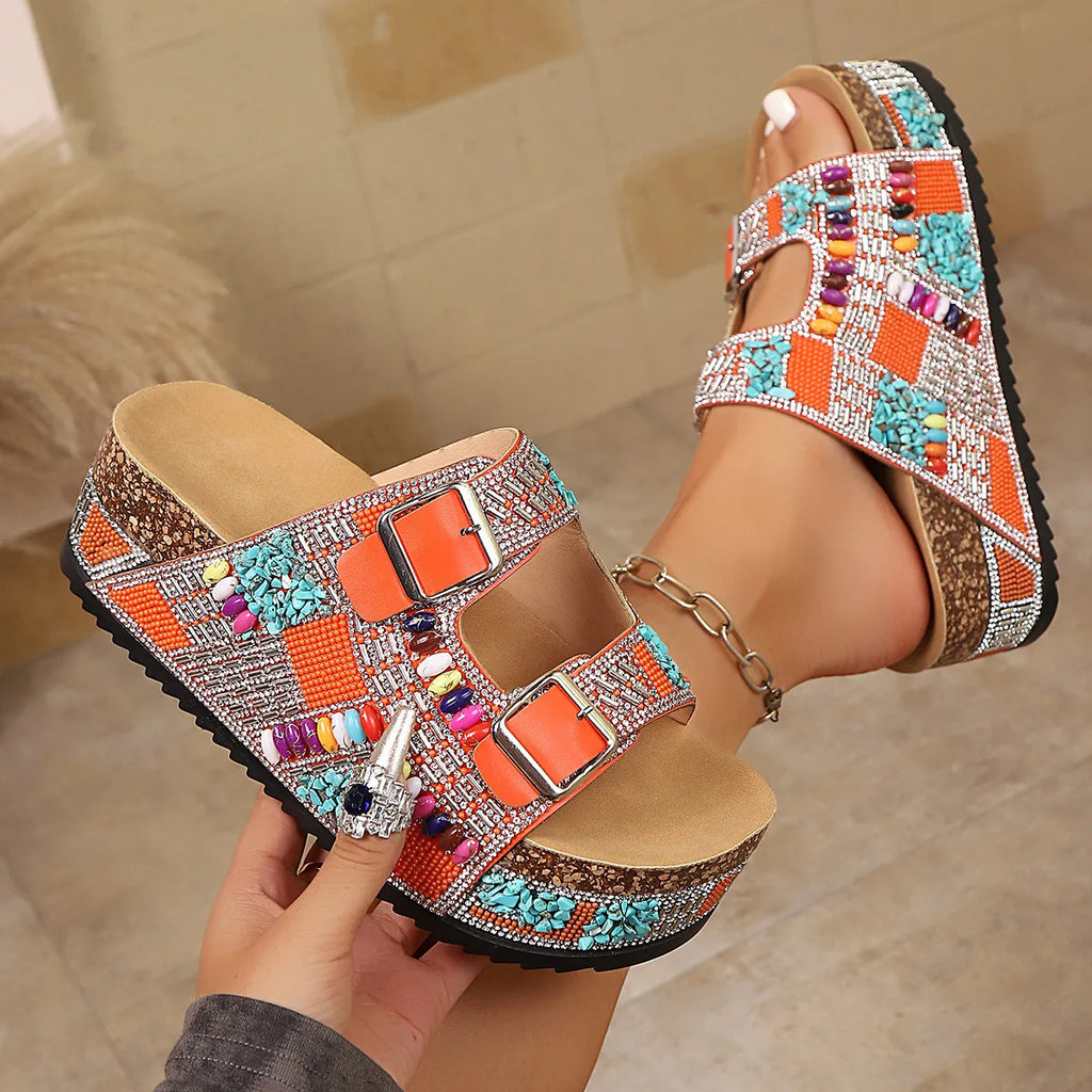 Women's Rhinestone Beaded Platform Wedge Sandals Buckle Strap Slides