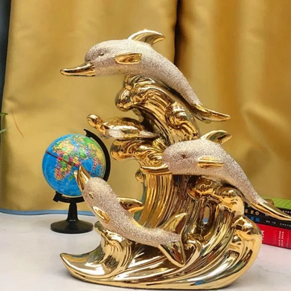 Gold Dolphin Ceramic Ornament and Table Desktop Figurine