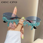Rhinestone Rimless Sunglasses Women's Tear Drop Party Eyewear