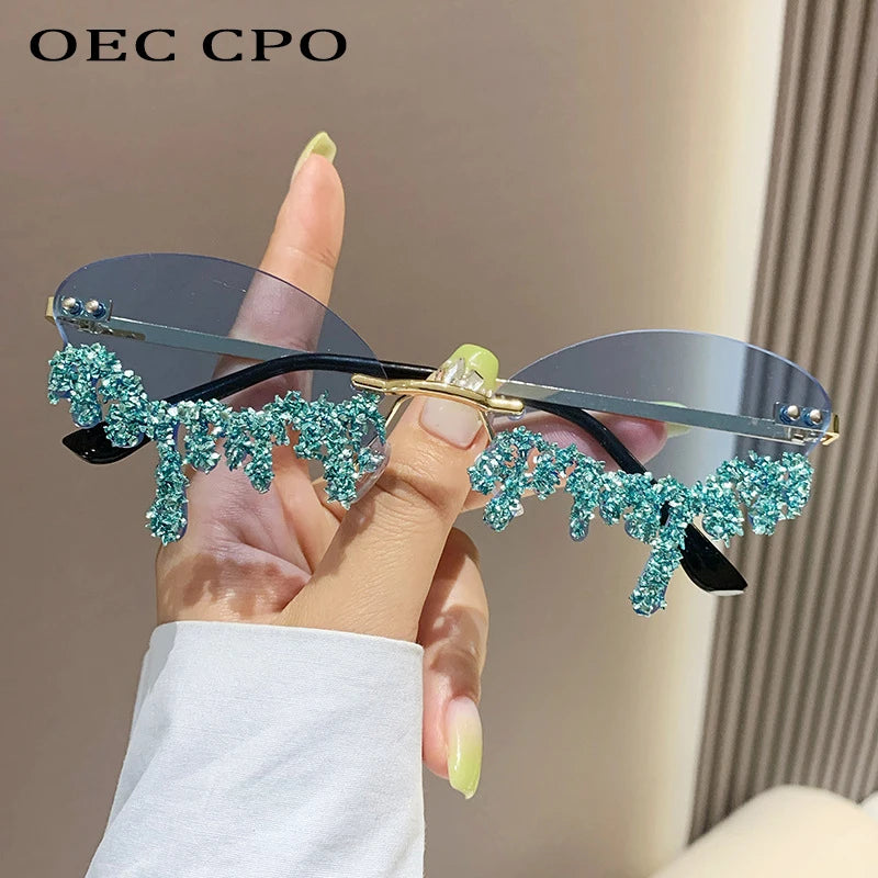 Rhinestone Rimless Sunglasses Women's Tear Drop Party Eyewear