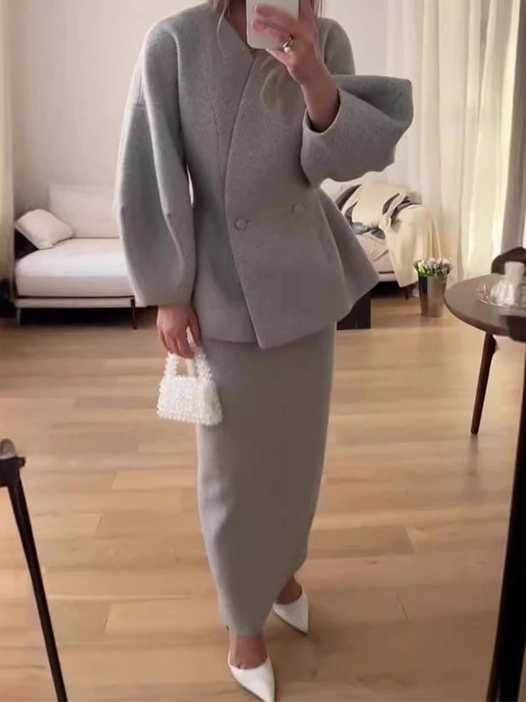 Women's Puff Sleeve Blazer and Skirt Set