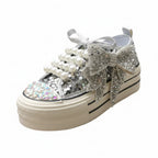 Women's Thick Sole Canvas Sneakers Crystal Pearl Studs Butterfly Knot
