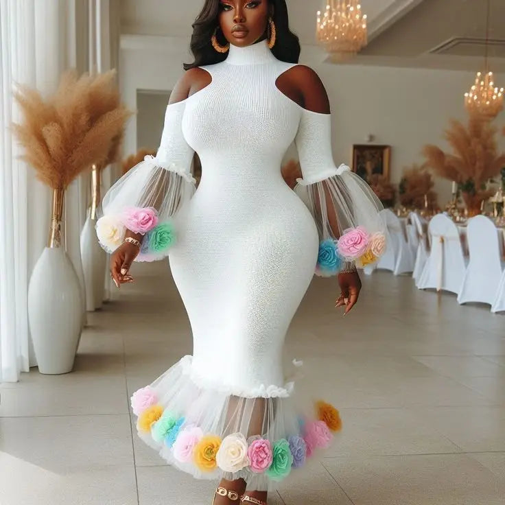 Women's 3D Flowers High Neck Long Sleeve Mermaid Evening Dress