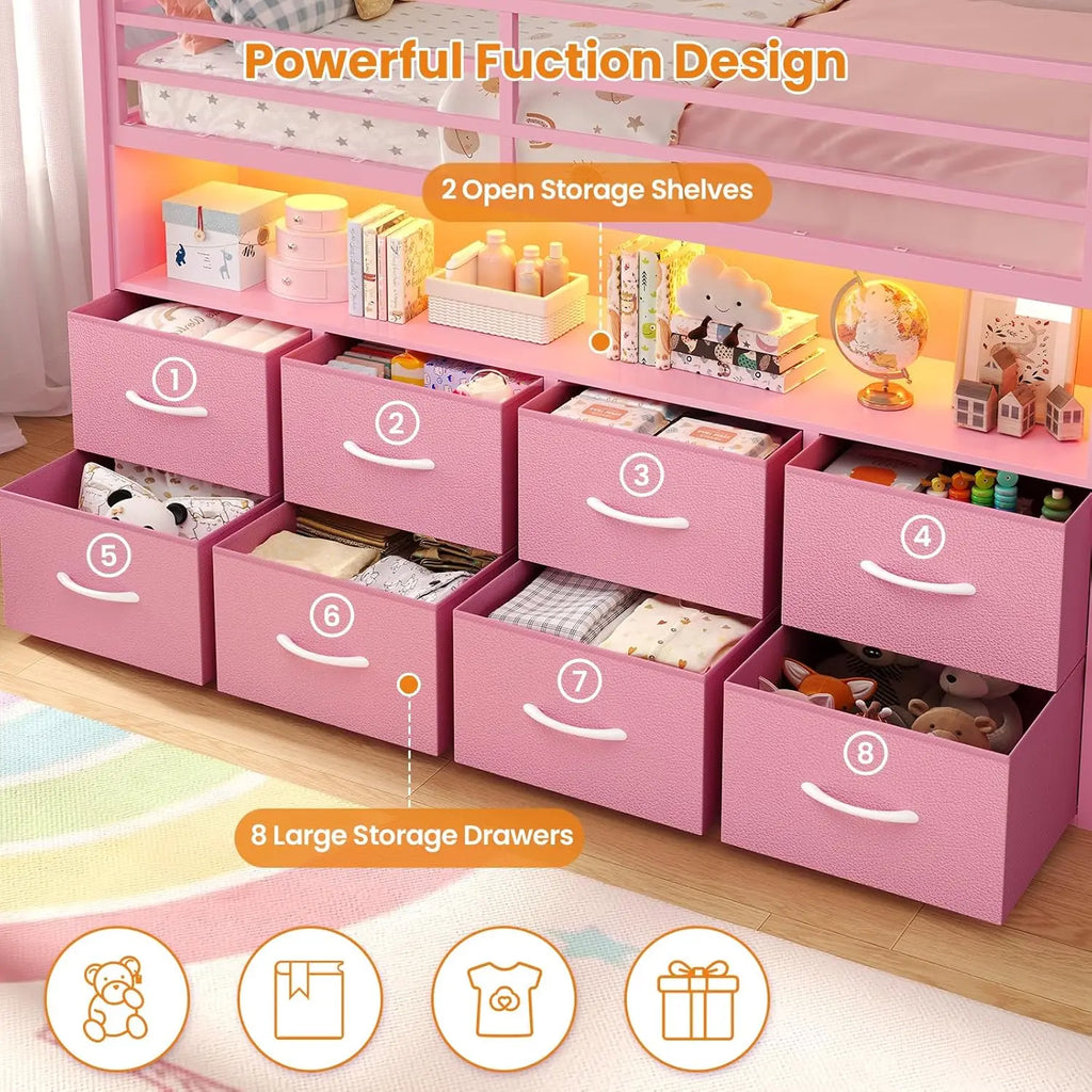 Kids' Twin Metal Low Loft Bed with Drawers and LED Lights Pink