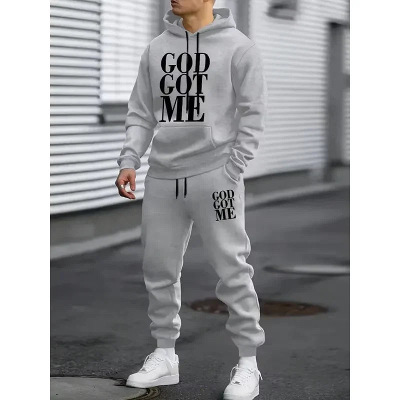 Men's Autumn Letter 3D Print Hoodie and Sweatpants Tracksuit Set