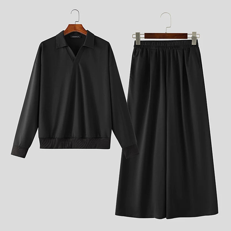 Men's Lapel Long Sleeve Sweatshirt Pants Two-Piece Set