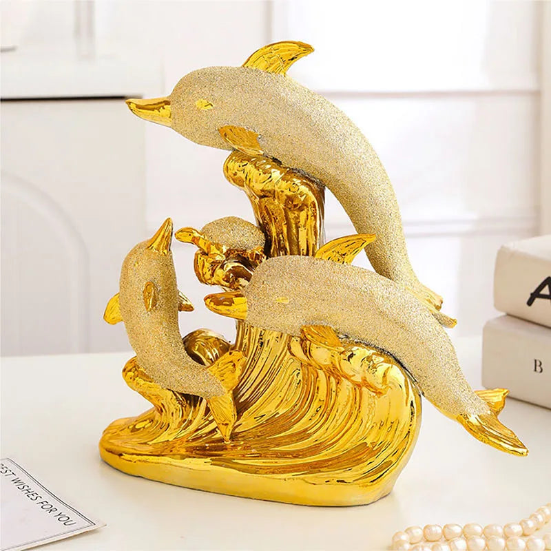 Gold Dolphin Ceramic Ornament and Table Desktop Figurine