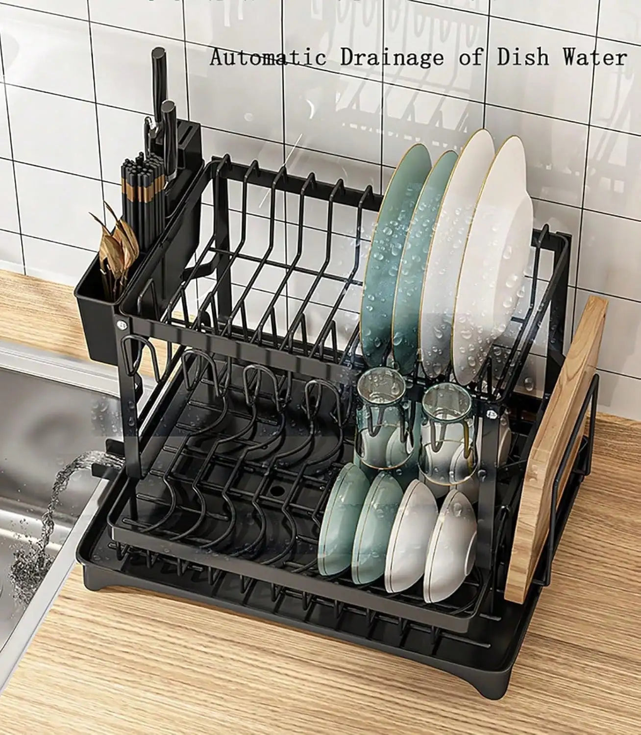 2 Tier Dish Drying Rack and Drainboard Set with Utensil Holder