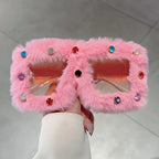 Women's Trendy Furry Rhinestone Square Oversized Sunglasses