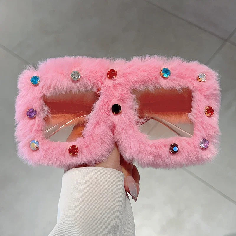 Women's Trendy Furry Rhinestone Square Oversized Sunglasses