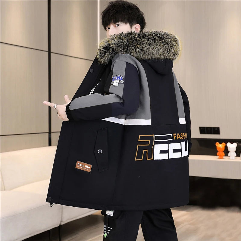 Men's Casual Hooded Fleece Winter Mid-Length Parka Jacket