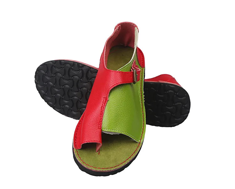 Women's Retro PU Leather Peep Toe Flat Sandals