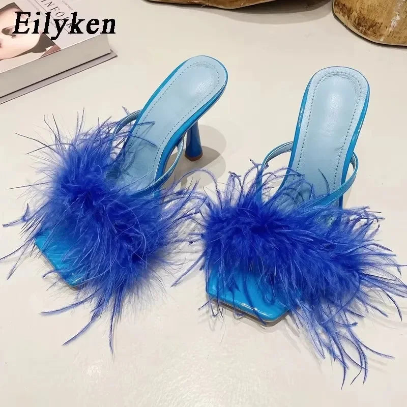 Women's Fluffy Furry Peep Toe Stiletto Mules