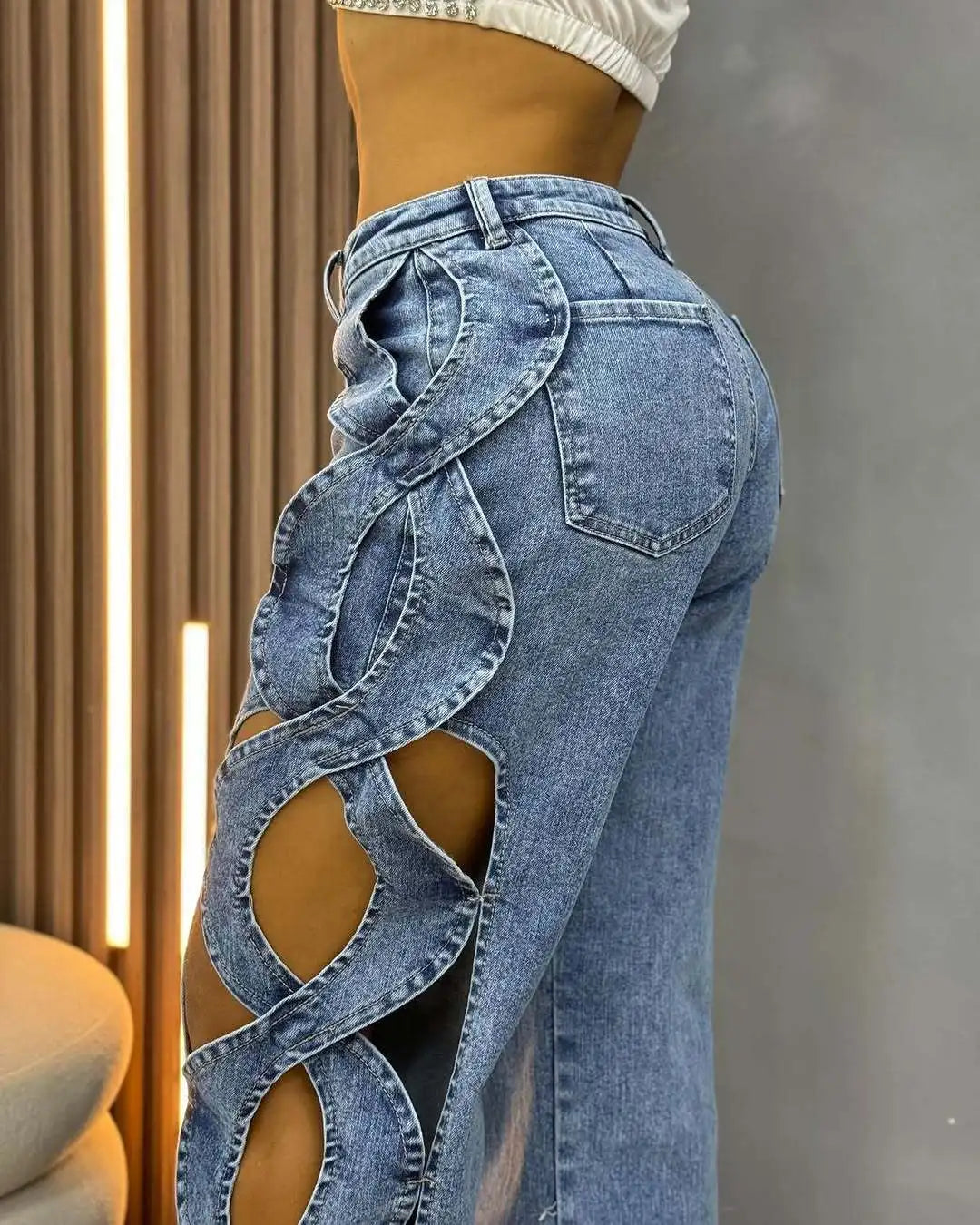 Women's High-Waist Cutout Criss Cross Wide Leg Denim Pants