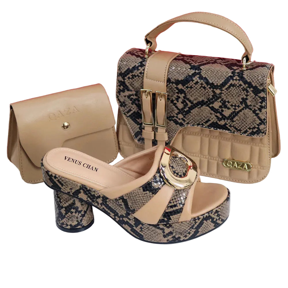 Women's Rhinestone Round Toe Thin Heels and Handbag Set