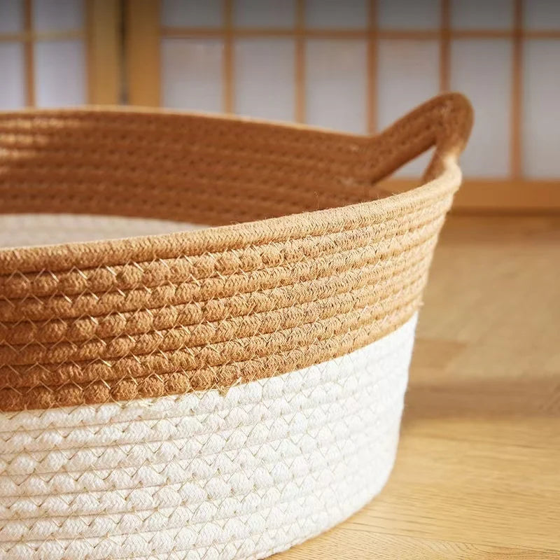 Handwoven Rattan Round Cat Bed Cooling Summer Basket with Cushion
