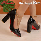Women's Pointed Toe Gold Chain Ankle Strap 3.9 in Square Heel Pumps