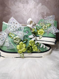 Women's High-Top Canvas Shoes Floral Embroidery Bow Green Handmade Casual