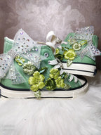 Women's High-Top Canvas Shoes Floral Embroidery Bow Green Handmade Casual