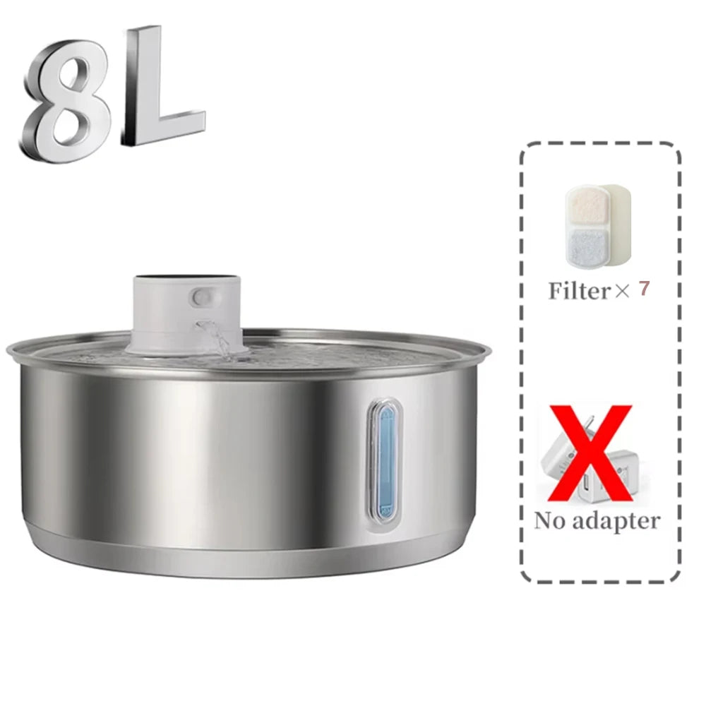 8L Automatic Stainless Steel Dog Water Fountain 5000mAh Wireless Pet Drinker Battery & Sensor 2-in-1 Dispenser