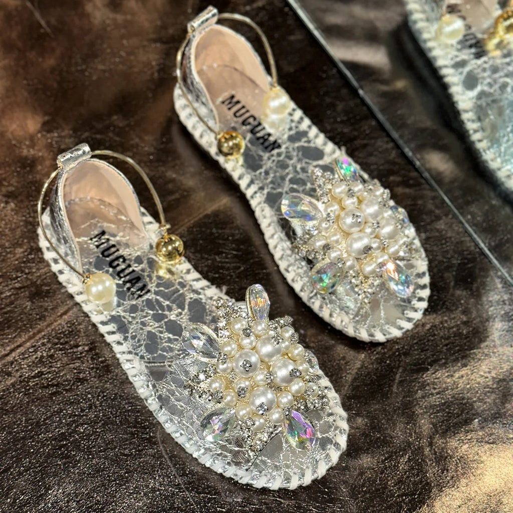 Women's Pearl Crystal Flower Flat Sandals Casual Open Toe