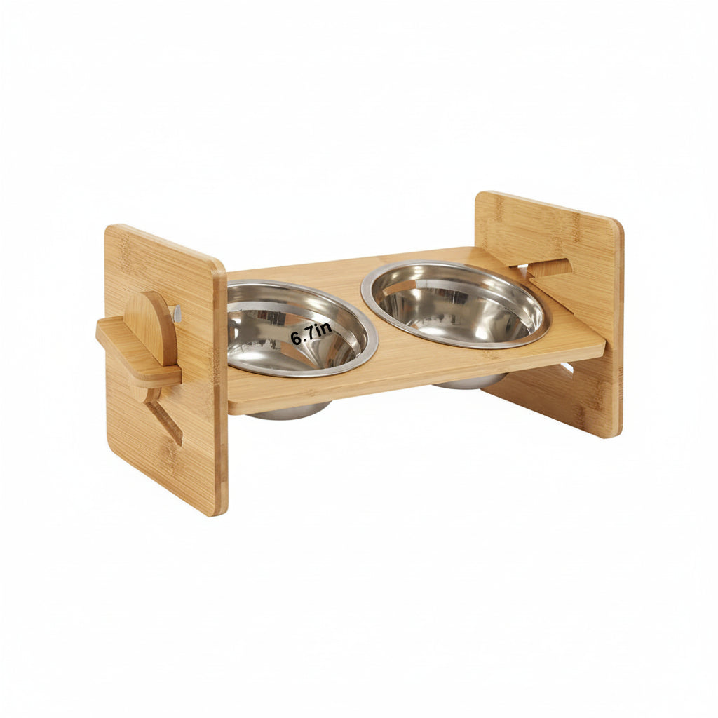 Adjustable Elevated Dog Bowls with 2 Stainless Steel Bowls and Bamboo Stand