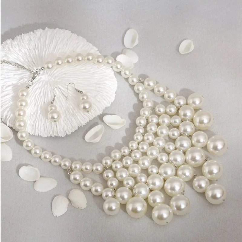 Ethnic Style Simulated Pearl Jewelry Set with Tassel Necklace Earrings