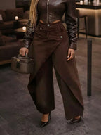 American Retro High Waist Wide Leg Trousers with Metal Buckle
