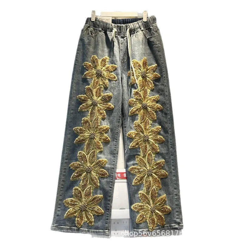 Women's 3D Floral Beaded Elastic Waist Wide Leg Jeans
