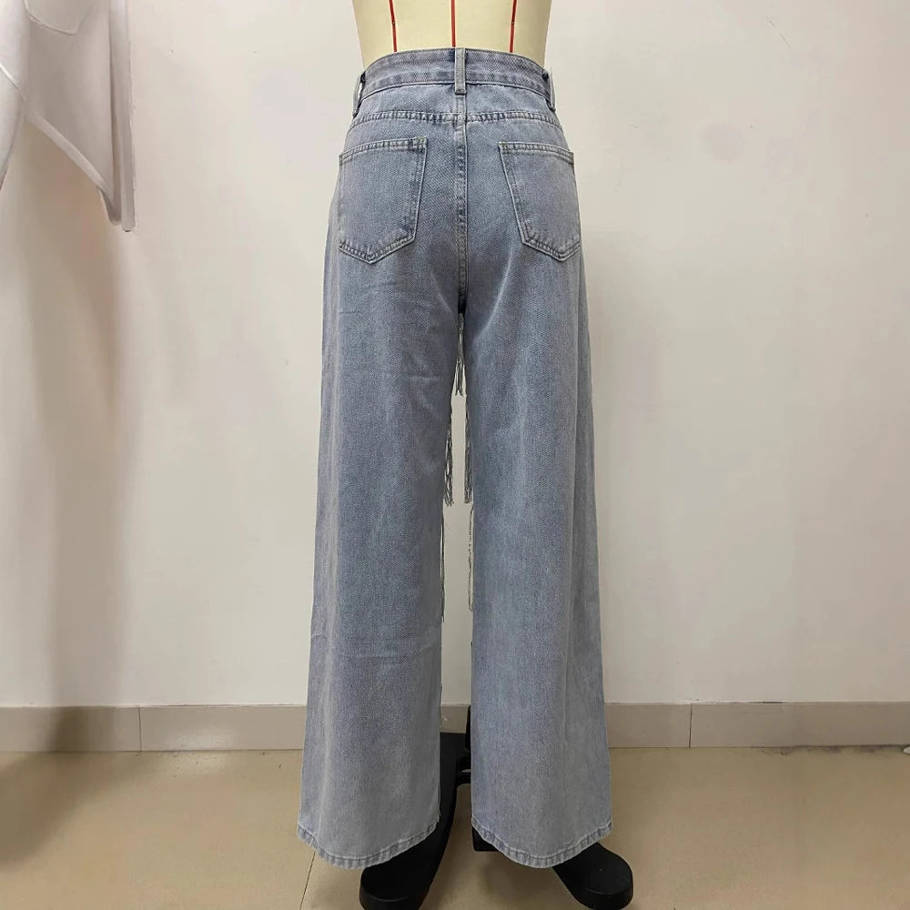 Women's High Waisted Straight Leg Jeans with Tassel and Sequin