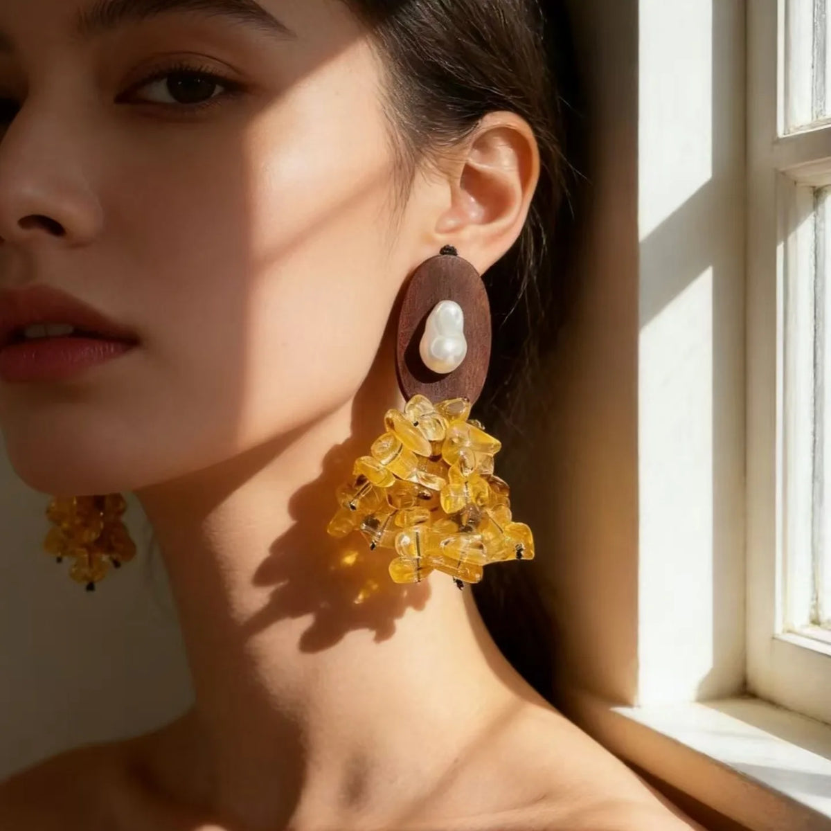Women's Trendy Vintage Wooden Citrine Tassel Drop Earrings