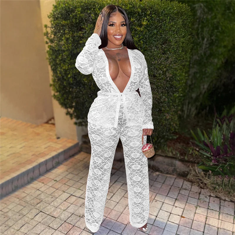 Women's Casual Sheer Lace Two Piece Matching Set