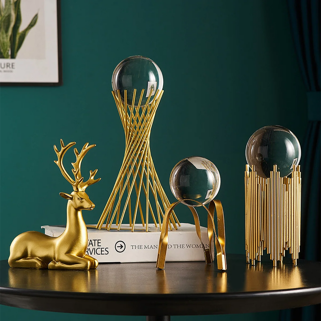 Golden Metal Crystal Ball Deer Figurine and Tabletop Ornament