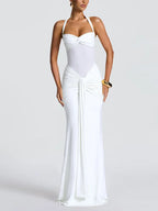 Women's Sexy Mesh Patchwork Halter Ruched Maxi Dress