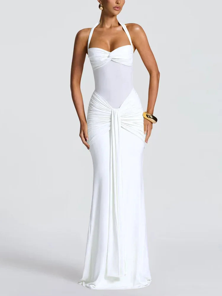 Women's Sexy Mesh Patchwork Halter Ruched Maxi Dress