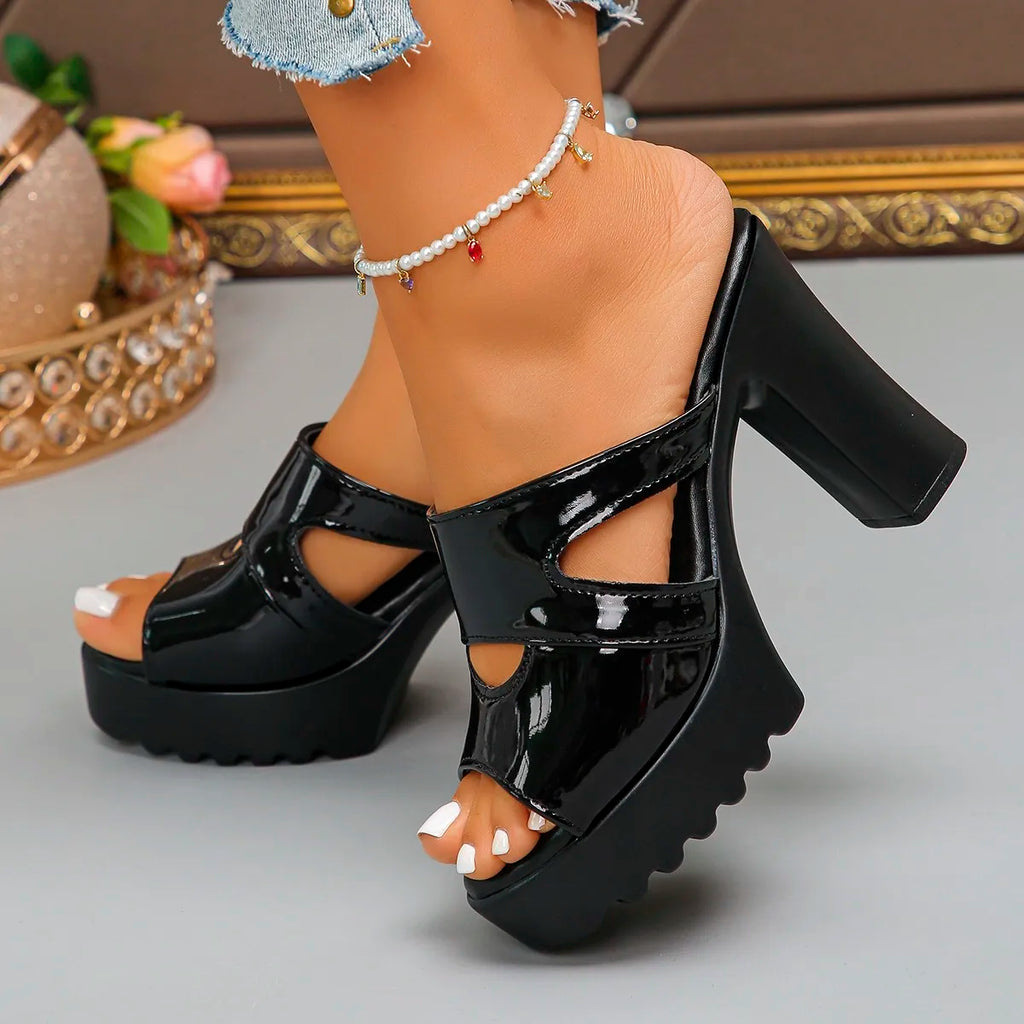 Women's Peep Toe Platform High Heel Slippers Square Black