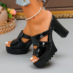 Women's Peep Toe Platform High Heel Slippers Square Black