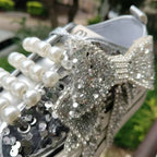 Women's Thick Sole Canvas Sneakers Crystal Pearl Studs Butterfly Knot