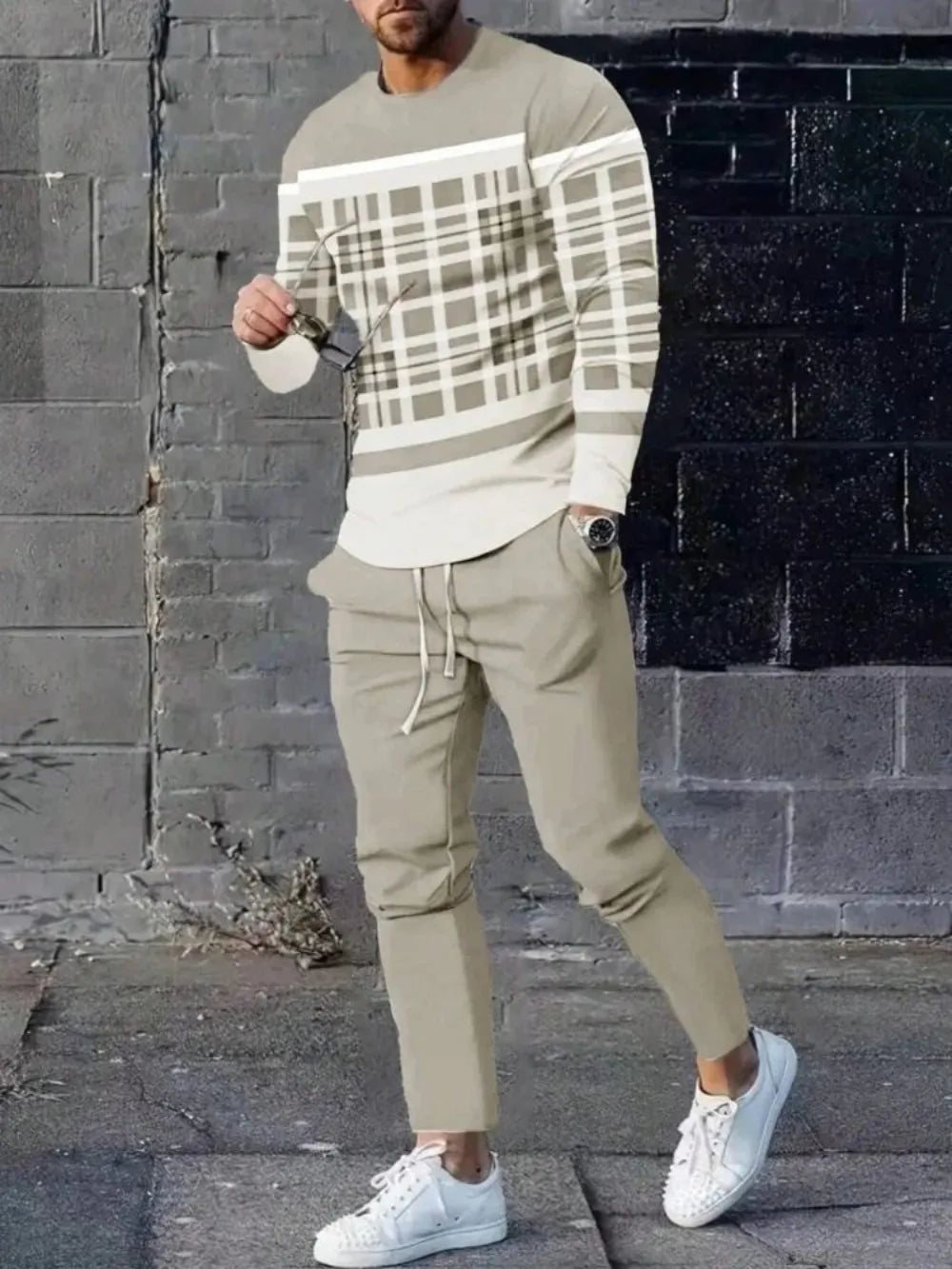 Men's Casual Striped Print Round Neck Shirt and Pants Set