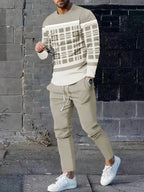 Men's Casual Striped Print Round Neck Shirt and Pants Set