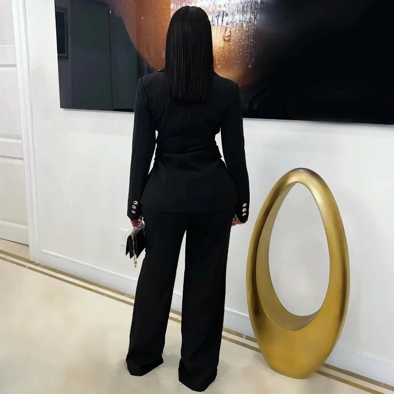 Women's Embellished Lapel Blazer Wide Leg Pants Suit