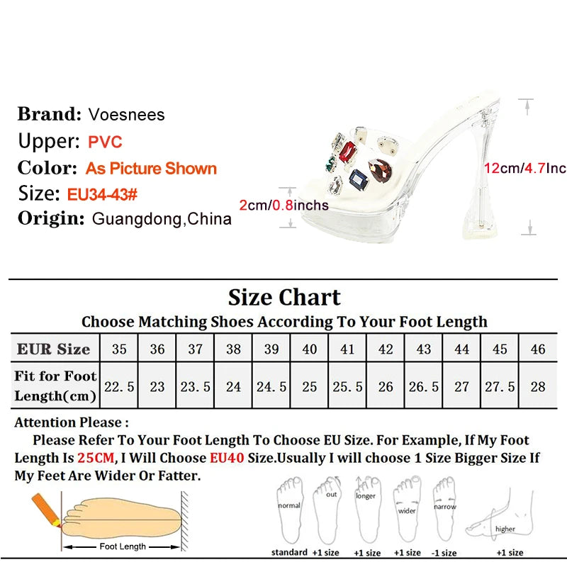 Transparent Rhinestone High Heel Platform Sandals 4.7in Square Toe Women's