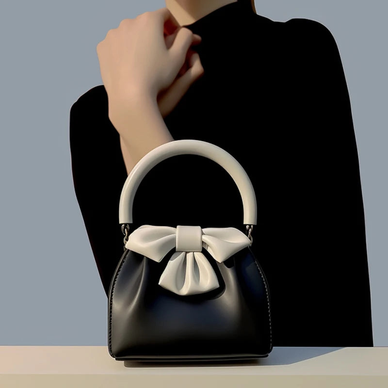 Women's Pleated Bow Contrast Color Bucket Bag