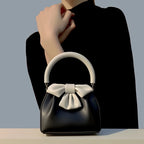 Women's Pleated Bow Contrast Color Bucket Bag
