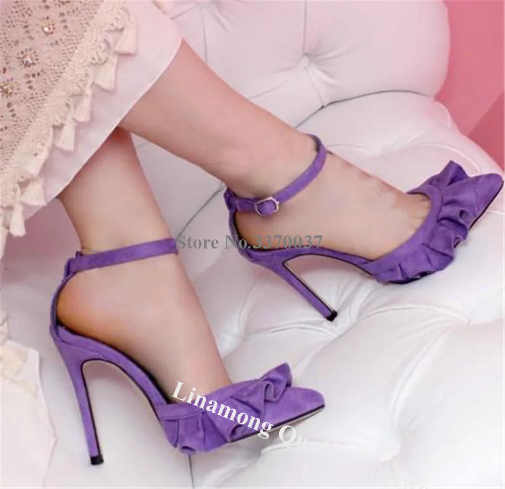 Women's Pointed Toe Suede Ruffle Stiletto Heel Pumps