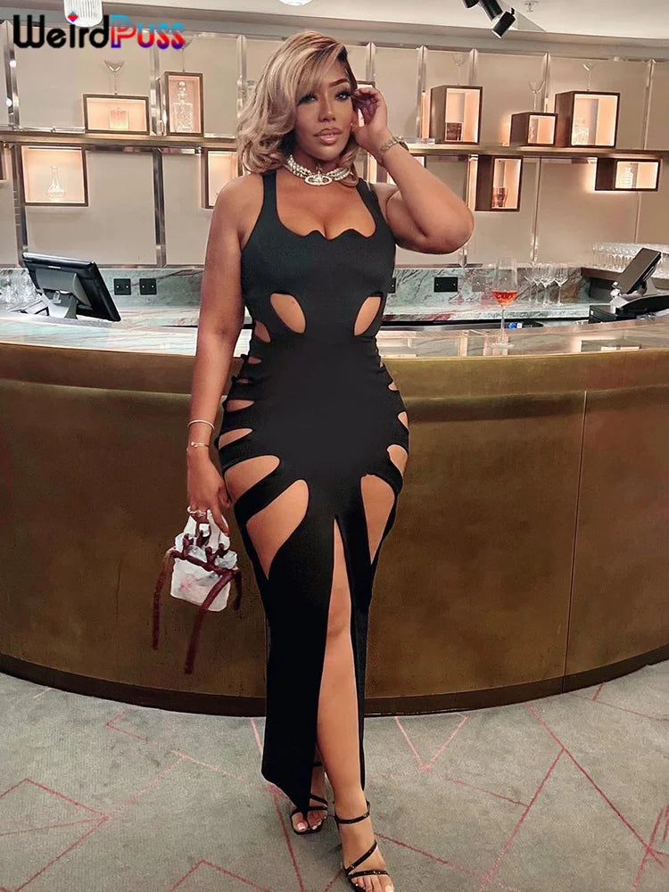 Women's Sexy Hollow Out Split Bodycon Maxi Dress