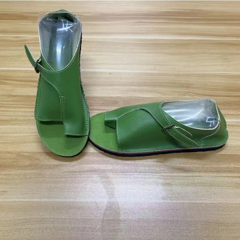Women's Retro PU Leather Peep Toe Flat Sandals